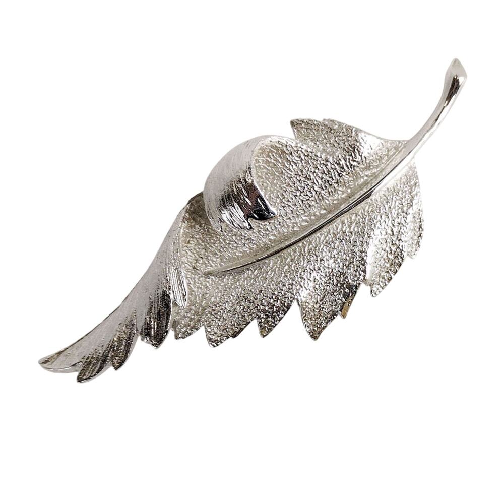 Vintage Coro Signed 3.25" Silvertone Curled Leaf Brooch Pin Retro MCM